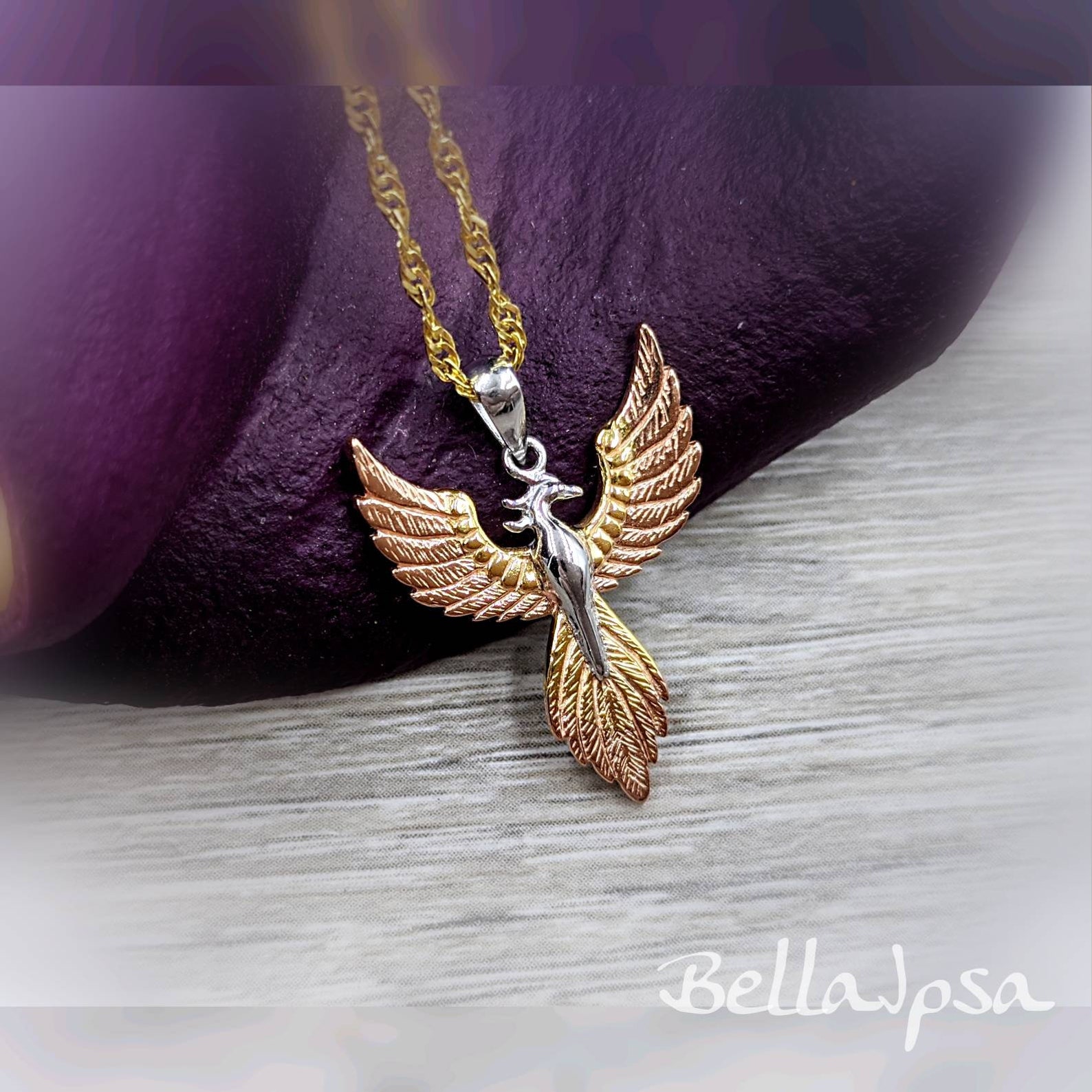 Tri Tone Phoenix Rising Necklace, 925, Gold, & Rose Gold Phoenix Rising ...