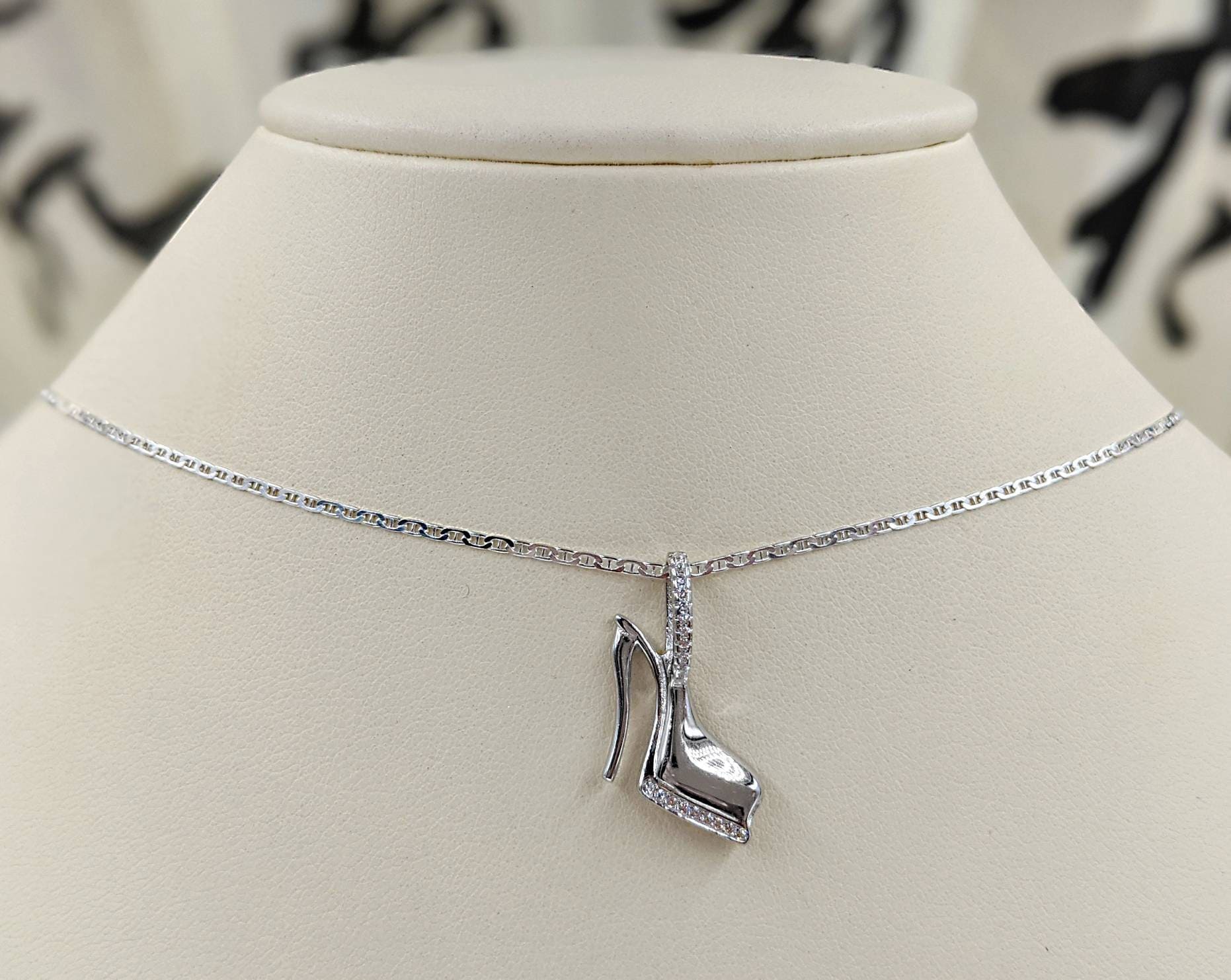 High Heel Shoe Pendant Necklace 925 Sterling Silver CZ Pave High