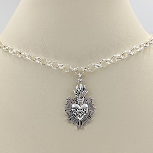 Heavy Chain Sterling Silver Burning Heart Necklace; 925 Burning Heart; Sacred Heart Pendant; 925 Sacred Heart Necklace, Infinity Close