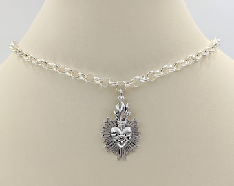 Heavy Chain Sterling Silver Burning Heart Necklace; 925 Burning Heart; Sacred Heart Pendant; 925 Sacred Heart Necklace, Infinity Close