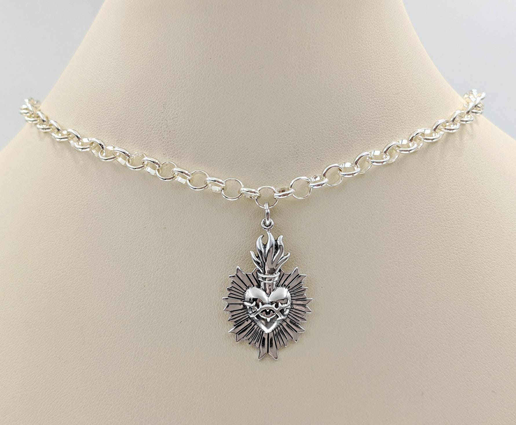 Heavy Chain Sterling Silver Burning Heart Necklace; 925 Burning