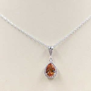 Petite Orange Lab Morganite Necklace w 925 Sterling Setting & Chain; Pear Shaped Lab Morganite Necklace; Teardrop Morganite, Infinity Close