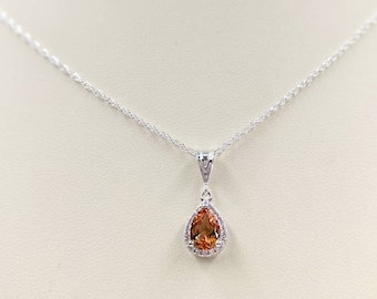 Petite Orange Lab Morganite Necklace w 925 Sterling Setting & Chain; Pear Shaped Lab Morganite Necklace; Teardrop Morganite, Infinity Close
