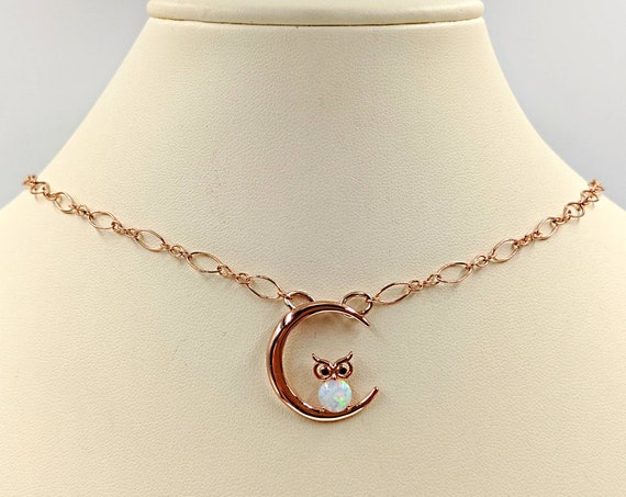 Rose Gold White Opal Owl in the Moon Necklace Rose Gold and | Etsy