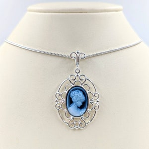 Victorian Cameo, Genuine Agate Cameo Necklace, Blue Woman Stone, Silver Chain and Sterling Fancy Setting; Sterling Infinity Clasp & Close
