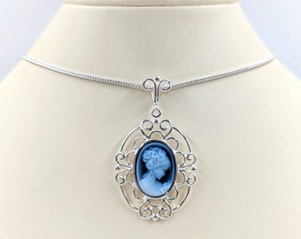 Victorian Cameo, Genuine Agate Cameo Necklace, Blue Woman Stone, Silver Chain and Sterling Fancy Setting; Sterling Infinity Clasp & Close