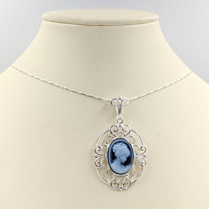 Victorian Cameo, Genuine Agate Cameo Necklace, Blue Woman Stone, Silver Chain and Sterling Fancy Setting; Sterling Infinity Clasp & Close