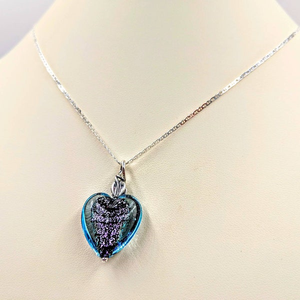 Blue Venetian Glass Heart Necklace w Purple Glitter; Blue Glitter Heart Necklace w Vine Leaf Bail; 925 Vine & Heart Necklace; Infinity Close