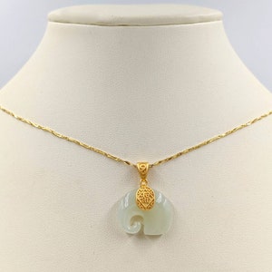 Jade & 925 Gold Lucky Elephant Necklace; White Jade Gold Elephant Pendant; Sterling Silver Jade Elephant; Gold White Jade Elephant