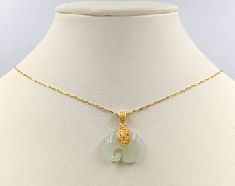 Jade & 925 Gold Lucky Elephant Necklace; White Jade Gold Elephant Pendant; Sterling Silver Jade Elephant; Gold White Jade Elephant