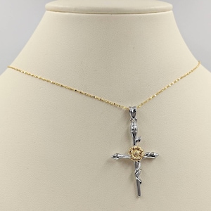 925 Two Tone Pave Sunflower Cross Necklace; 925 CZ Sunflower Necklace; Gold Sunflower Cross Necklace; Sterling Silver Cross with Sunflower