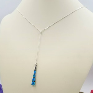 925 Sterling Silver Box Chain Lariat Necklace with Blue Opal Flare Bar Drop Pendant with Sterling Silver Infinity Link and Clasp Close
