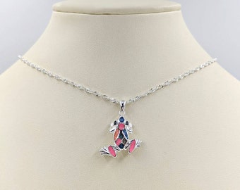 3D Multi Color Tree Frog Necklace; Frog Necklace; Sterling Silver Frog Pendant; Frog with Multi Color; 925 Silver Tree Frog, Infinity Clasp