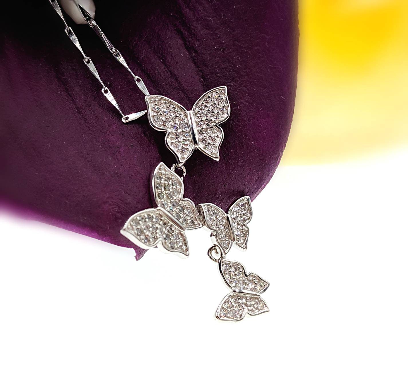 925 Pave CZ Four Butterfly Necklace; Lariat Butterfly