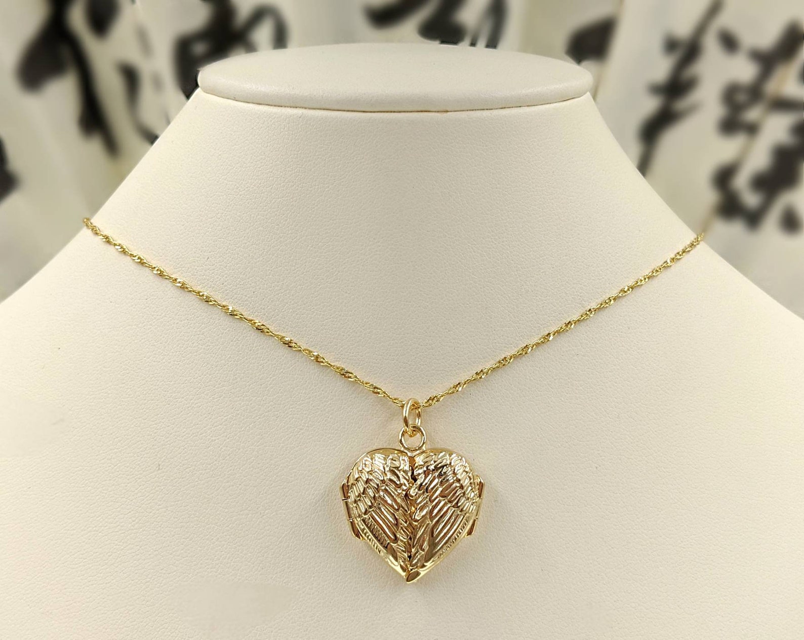 14K Gold Vermeil Wing Heart Locket Necklace; Gold Angel Wing Locket ...