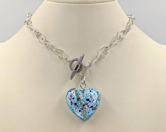 Blue Multi-Color Venetian Heart Necklace with Sterling Silver Fancy Chunky Chain and Silver Pave Toggle Clasp; Glass Heart Toggle Necklace