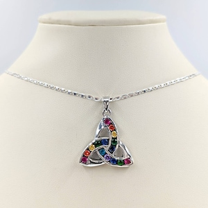 925 Silver Celtic Rainbow Trinity Necklace; Sterling Silver Celtic Knot; 925 Silver Chain with Celtic Trinity; Rainbow Triquetra Necklace