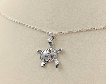 Tiny Silver Turtle with CZ Detail Turtle Necklace and Plumeria Flowers; 925 Sterling Silver Sea Turtle with Hibiscus Flowers; Infinity Close