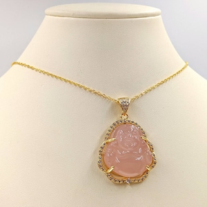 Yellow Gold Genuine Pink Jade Buddha; 925 Gold Buddha Necklace; Gold Buddha Necklace; Pink Jade Buddha Pendant; Pink Jade Happy Buddha