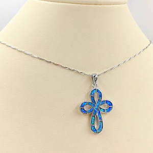 925 Blue Fire Opal Cross Necklace; Blue Opal Cross Necklace on 925 Singapore Chain; Sterling Silver and Blue Opal Cross, Infinity Close