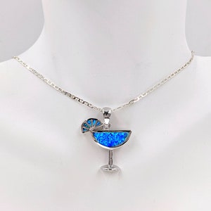 Sterling Silver Martini Necklace; Opal Martini Glass Pendant; Necklace with Martini; Blue Opal Martini Glass Necklace, Infinity Close