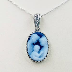 Petite AA Grade 1 Black/Blue Genuine Agate Cameo Necklace w Mother, Father and Baby, Sterling Setting and Rope Chain, Infinity Clasp & Close