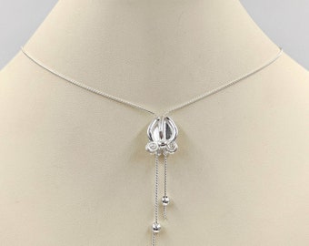 Silver Calla Lily; 925 Sterling Silver Bell Flower Necklace; Canterbury Flower Necklace; Calla Lily Lariat; Trumpet Lily, Infinity Close