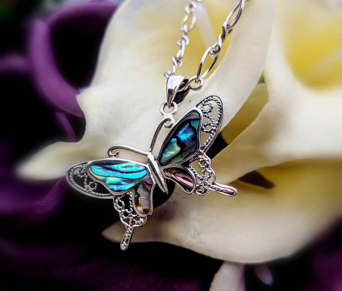 Abalone Shell Butterfly Necklace W Silver Infinity Chain Etsy