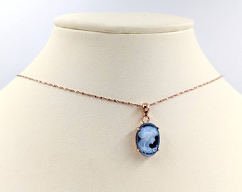 Petite Rose Gold Cameo Necklace; Genuine Blue Agate Cameo Necklace w 925 Rose Gold Sterling Setting & Chain; Very Small Lady Cameo Necklace