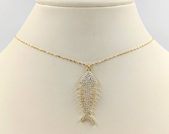 14K Gold Plated Sterling Silver Fish Bones Necklace; Pave Fish Necklace; Gold Fish Bones Necklace; Necklace with Gold Fish; Pave CZ Fish