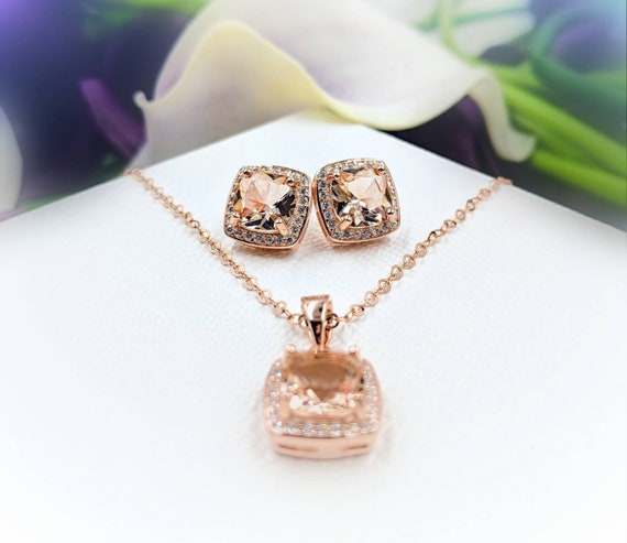 925 Rose Gold Morganite Necklace and Earrings Set W Pave and