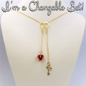14K Gold Filled Convertible Infinity Lariat Necklace with 24K Key and Red and Gold Venetian Heart Drops; Wear One, Both, or None!