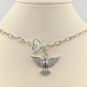 Silver Phoenix Rising Toggle Necklace; Sterling Silver Plated Phoenix Rising; Bird Drop Pendant; Silver CZ Pave Phoenix Toggle Necklace