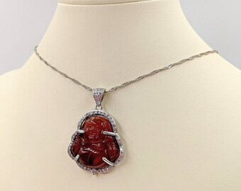Sterling Silver Genuine Red Jade Buddha; 925 Buddha Necklace