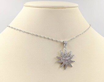 925 sterrenketting; 925 Starburst-ketting; Zonneschijn ketting; CZ Pave ster hanger; Starburst-ketting; 925 Zonhanger, Infinity Close