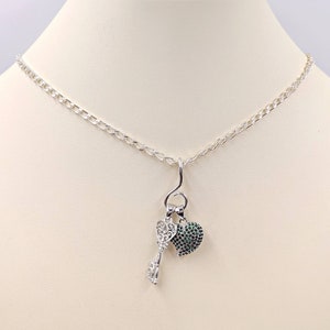 925 Green CZ Pave Key & Heart Necklace; Silver Key Pendant; Key to My Heart Necklace; Sterling Silver Lock and Key Necklace, Infinity Close