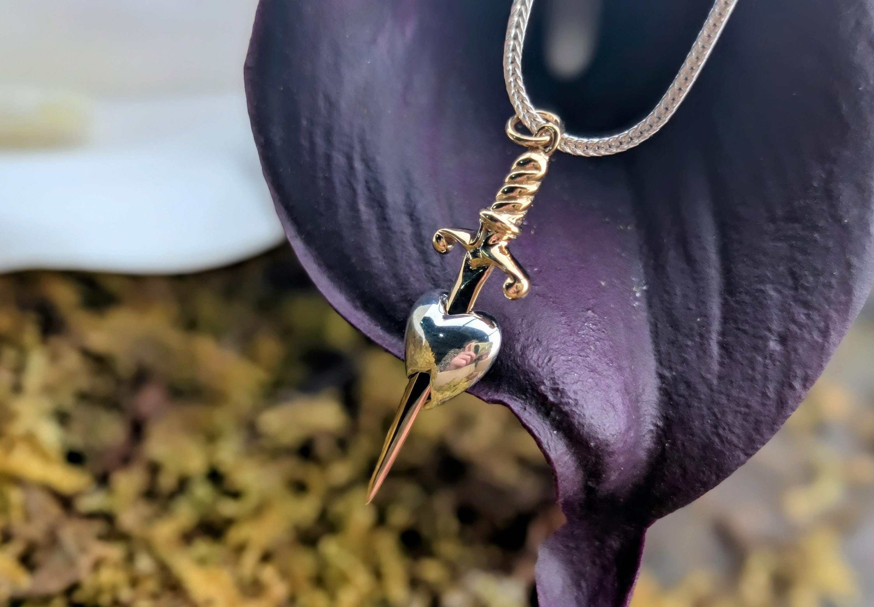 Bronze Sword Through Silver Heart; 925 Sterling Two Tone Burning