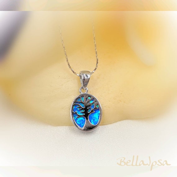 925 Sterling Opal Tree of Life Family Tree Necklace W Blue Fire