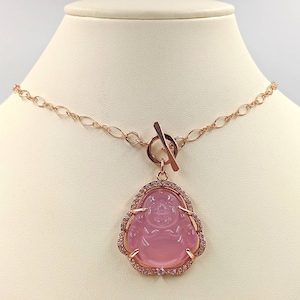 Rose Gold Genuine Jade Buddha Toggle Necklace; 925 Silver & Jade Buddha Necklace; Rose Gold Buddha Toggle Necklace; Pink Jade Buddha Pendant