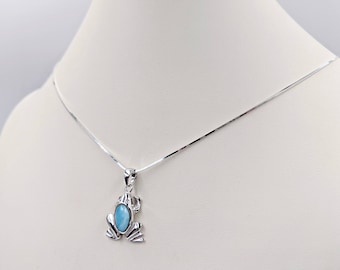 Natural Larimar Frog Necklace; 925 Blue Frog Pendant, Adorable Larimar Frog Necklace on Square 925 Snake Chain; Frog Jewelry, Infinity Close