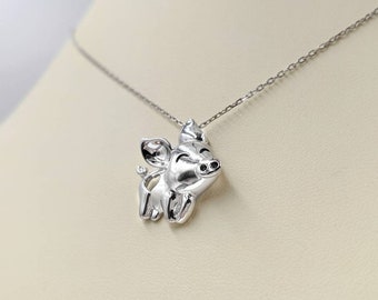 925 Sterling Silver Necklace - Piggy Pendant with Heart; Happy Pig Necklace; Adorable Pig Pendant; Piglet Charm with Heart, Infinity Close