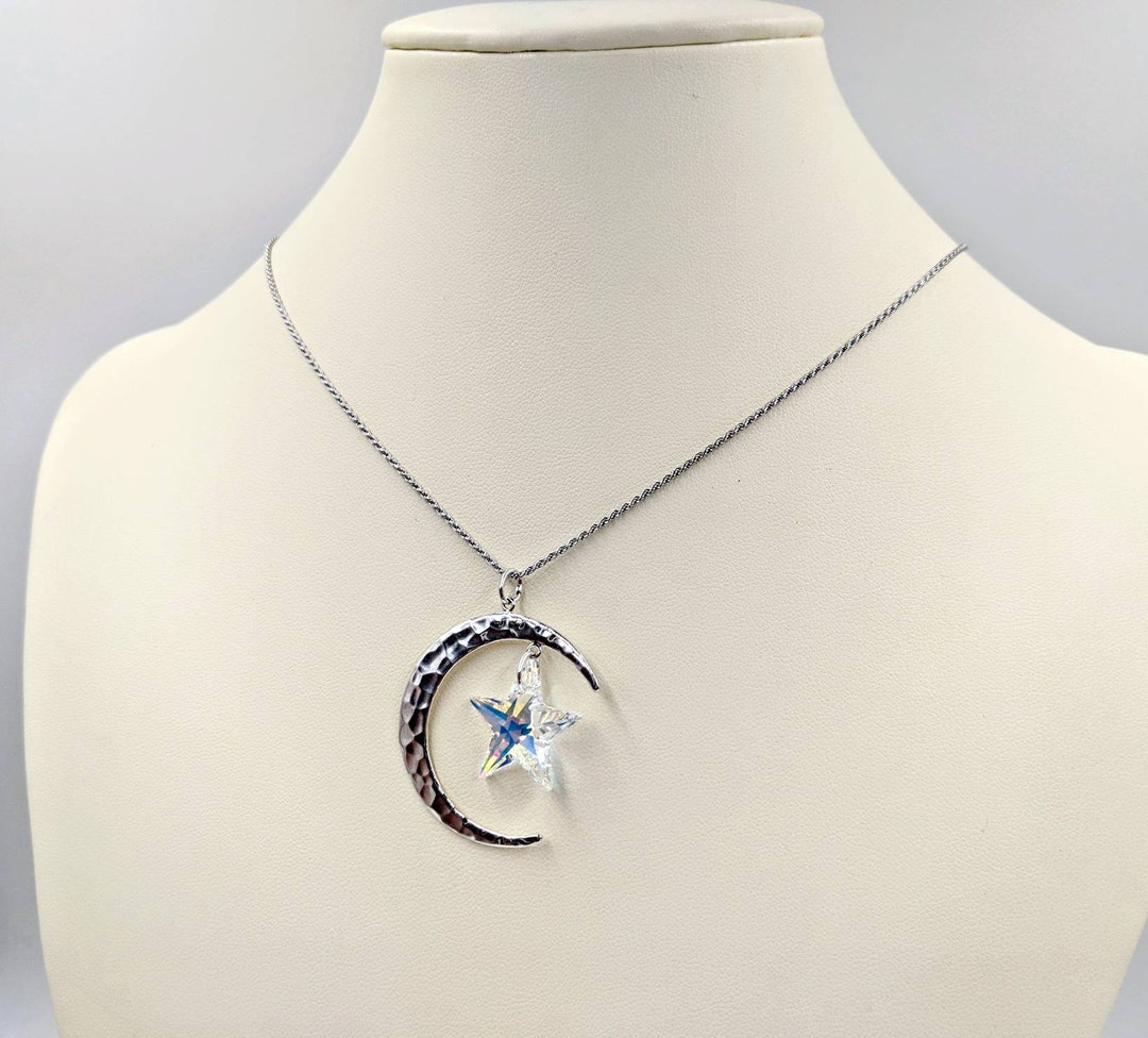 Moon and Star Necklace; 925 Silver Crescent Moon With Moon and Star Necklace; 925 Silver Crescent Moon With