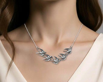 スターリングシルバーの鳥ネックレス：鳥の群れのチャーム、動物愛好家