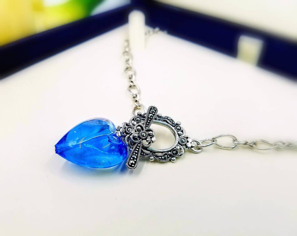 Sterling Front Toggle Necklace W Blue & Pink Neon Glitter