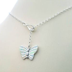 Butterfly Lariat; Adjustable Butterfly Infinity Necklace; White Opal Butterfly Lariat; 925 Silver White Fire Opal Butterfly; Infinity Close