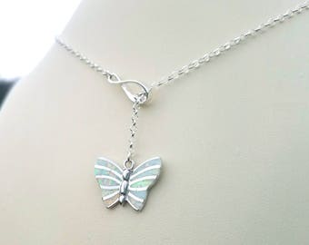 Butterfly Lariat; Adjustable Butterfly Infinity Necklace; White Opal Butterfly Lariat; 925 Silver White Fire Opal Butterfly; Infinity Close