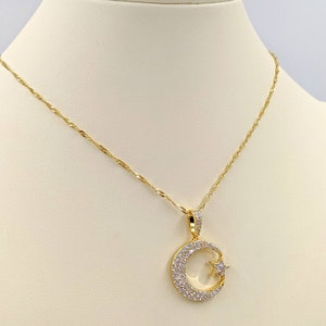 Gold Crescent Moon Necklace; Textured Gold Crescent Moon Necklace; 925 Moon Pendant with Gold Star; Star and Moon, Easy On Infinity Close