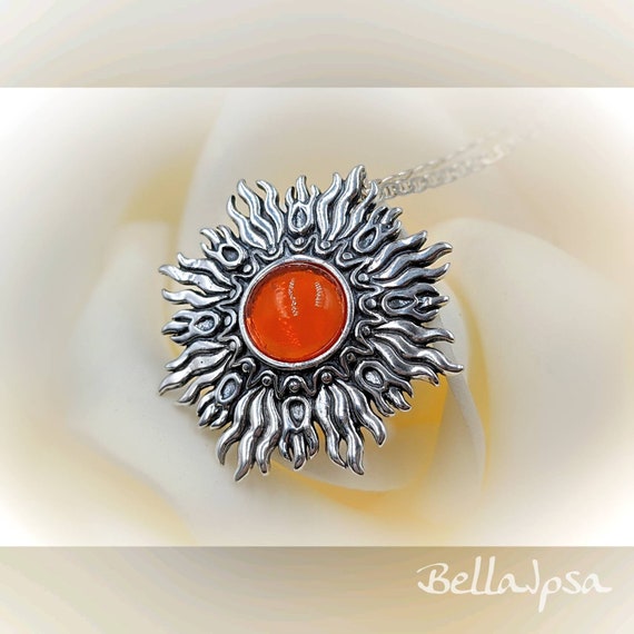 Orange Opal Sun Pendant Necklace; 925 Sterling Silver
