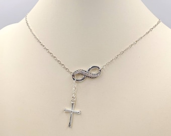 Sterling Silver Infinity Necklace; 925 Swarovski Cross Necklace; Black Pave Swarovski Crystal Infinity Pendant with Cross, & Infinity Close