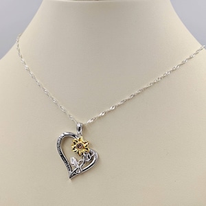 You Are My Sunshine Two Tone Pave Sunflower Heart Necklace; You Are My Sunshine Necklace; 925 & Gold Sunflower CZ Necklace, Infinity Close